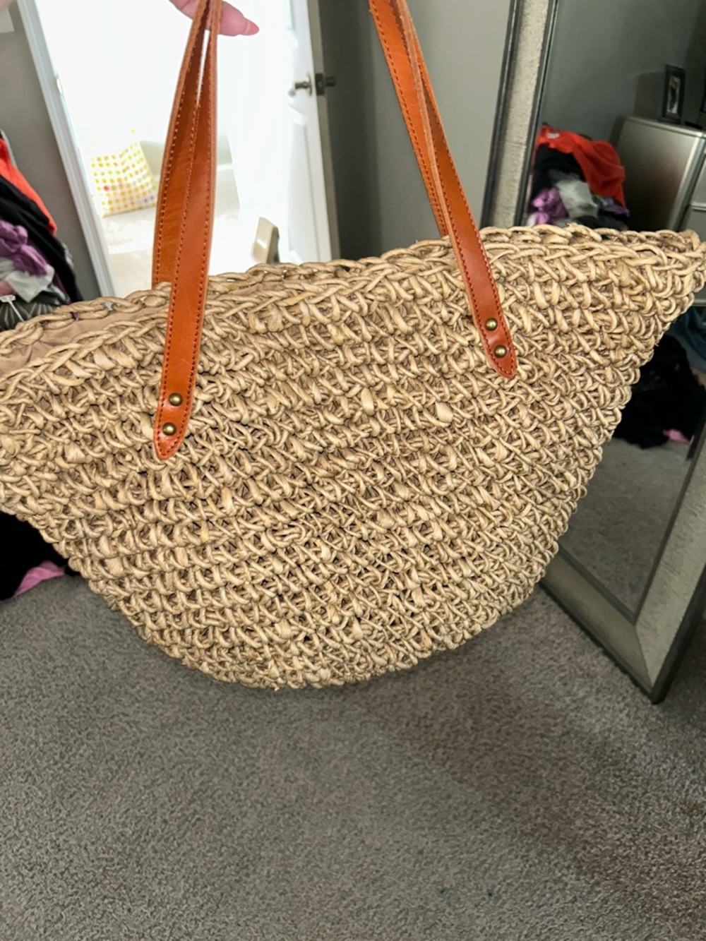 J Jill Woven Straw Tote Leather Strap Beach Bag Market Boho Large - Picture 4 of 11